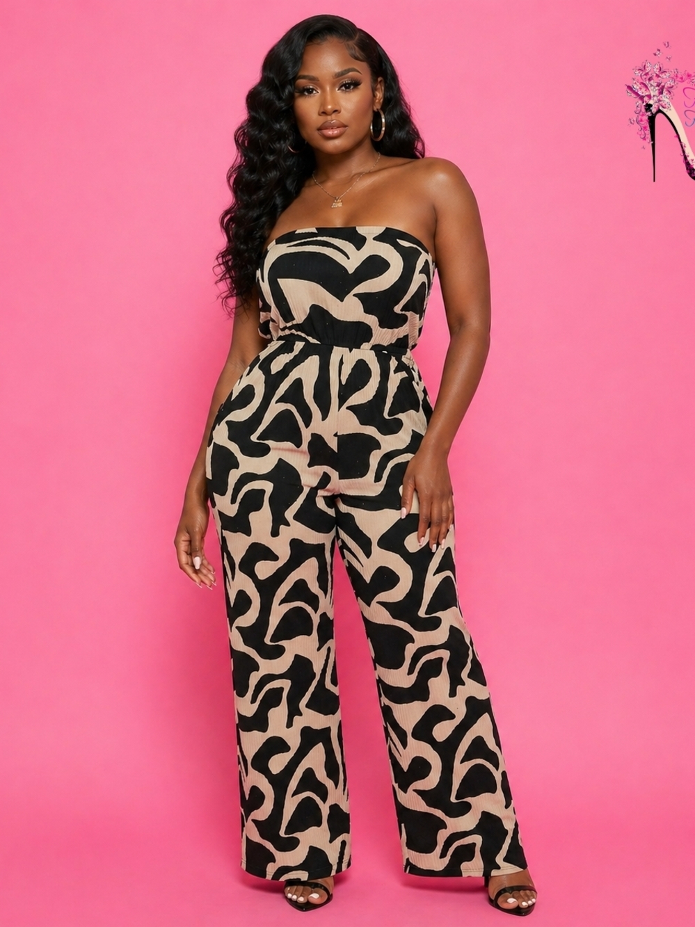 Strapless Wide-Leg Jumpsuit in Black & Beige